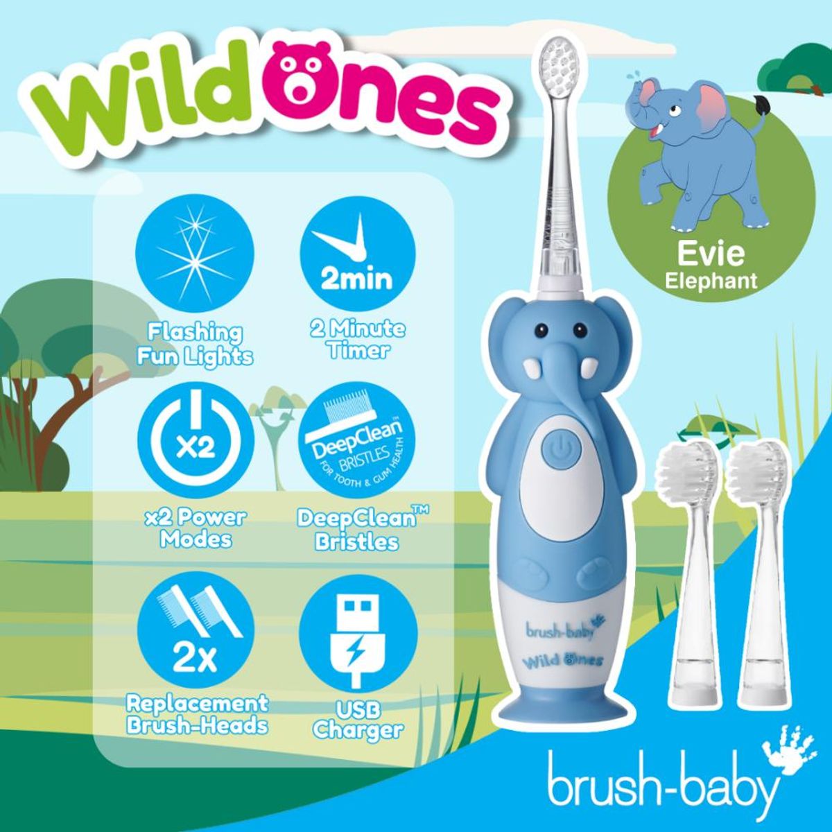 BRUSH BABY - Cepillo de Dientes Eléctrico Recargable para Niños WildOnes BRUSH BABY