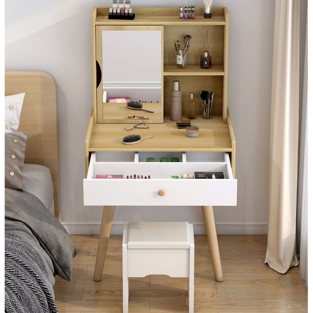 HOMER DESIGN - Tocador Con Taburete Y Espejo Giratorio 131x40x60cm Homer