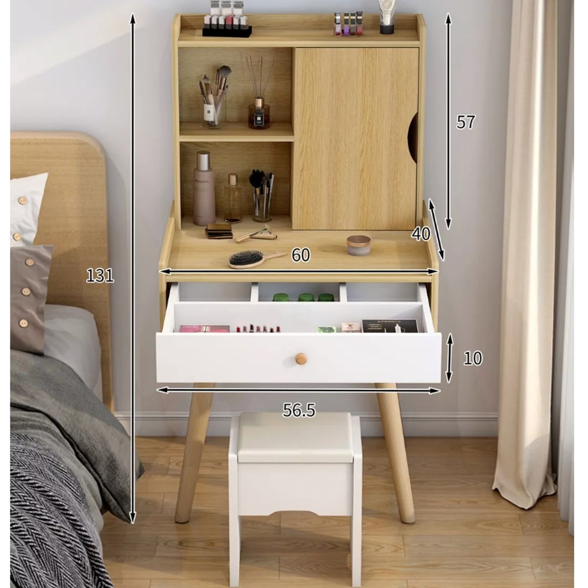 HOMER DESIGN - Tocador Con Taburete Y Espejo Giratorio 131x40x60cm Homer