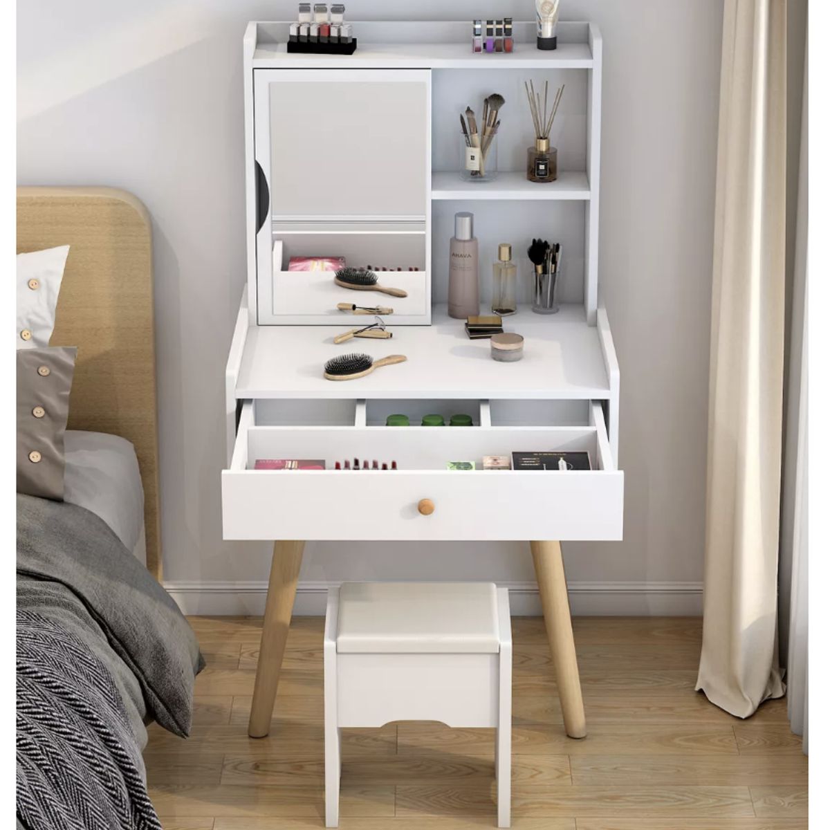 HOMER DESIGN - Tocador Con Taburete Y Espejo Giratorio 131x40x60cm Homer