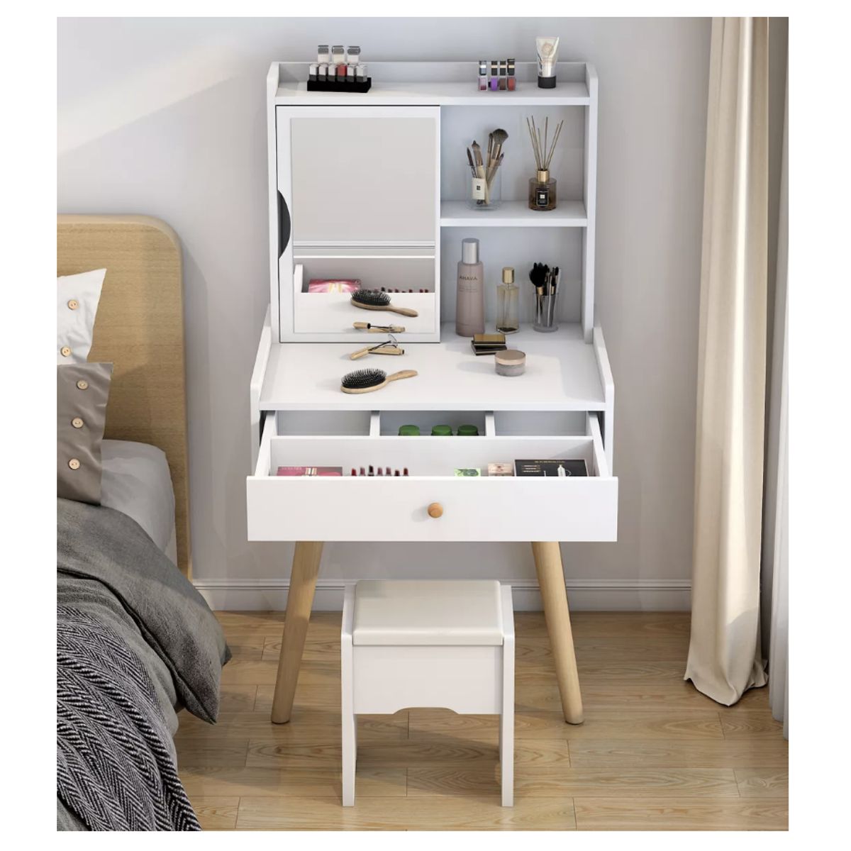 HOMER DESIGN - Tocador Con Taburete Y Espejo Giratorio 131x40x60cm Homer