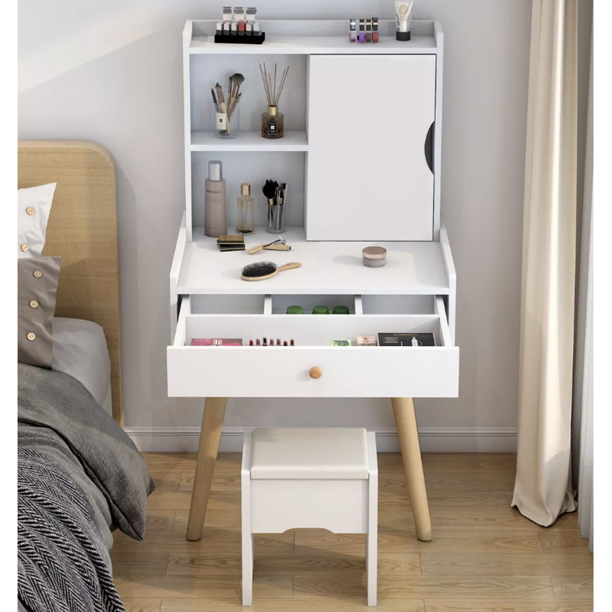 HOMER DESIGN - Tocador Con Taburete Y Espejo Giratorio 131x40x60cm Homer