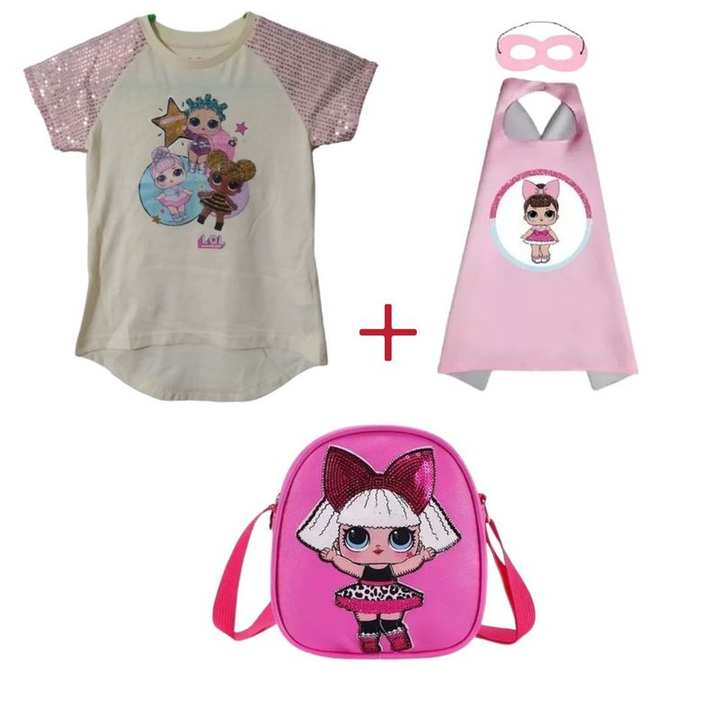 LOL SURPRISE - Polera Lol Surprise Lentejuelas + Disfraz de Capa y Antifaz + Cartera