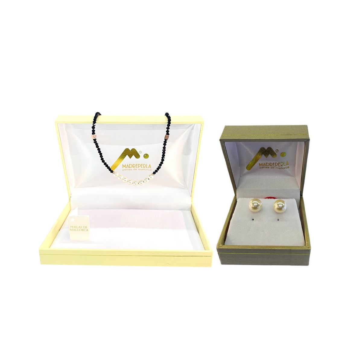 MALLORCA - Set Collar de Perlas con cristales Ónix mas Aros pegados de Mallorca