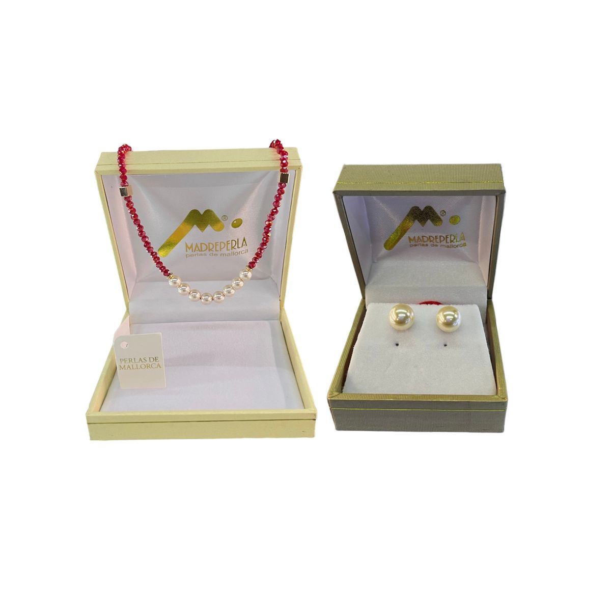 MALLORCA - Set Aros Perlas mas Collar de Perlas con cristales Rubí Mallorca Enchapado en Oro - Regalo Premium