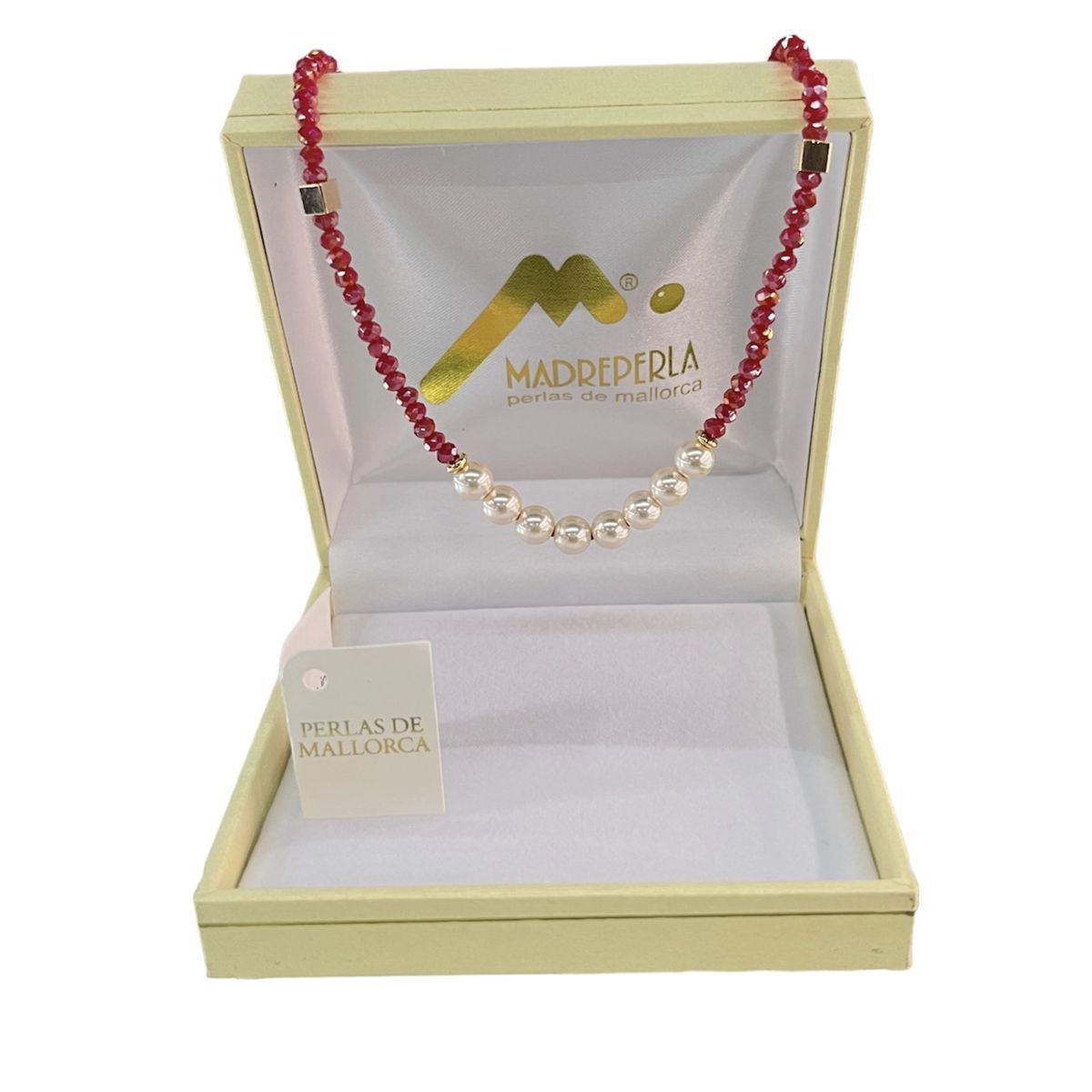 MALLORCA - Set Aros Perlas mas Collar de Perlas con cristales Rubí Mallorca Enchapado en Oro - Regalo Premium