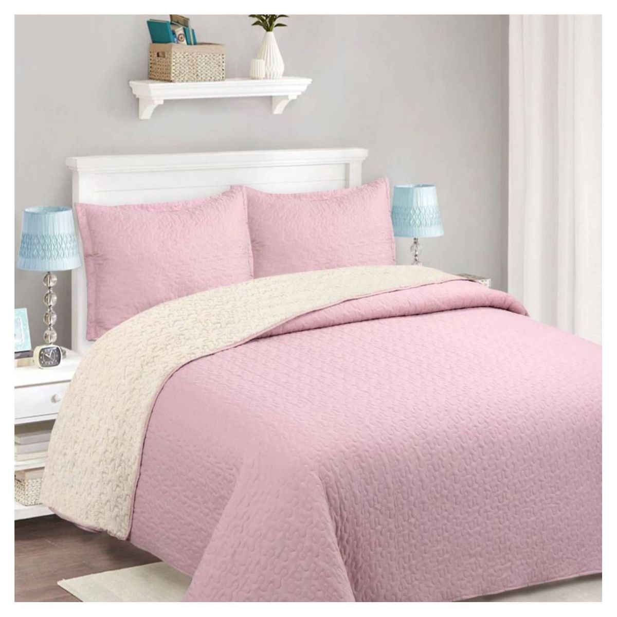 COMPRAPO - Cubrecama Quilt Sherpa 2 Plazas Rosa + 2 Fundas 50x70 Cm
