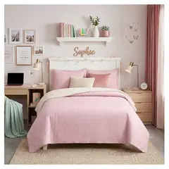COMPRAPO - Cubrecama Quilt Sherpa 2 Plazas Rosa + 2 Fundas 50x70 Cm