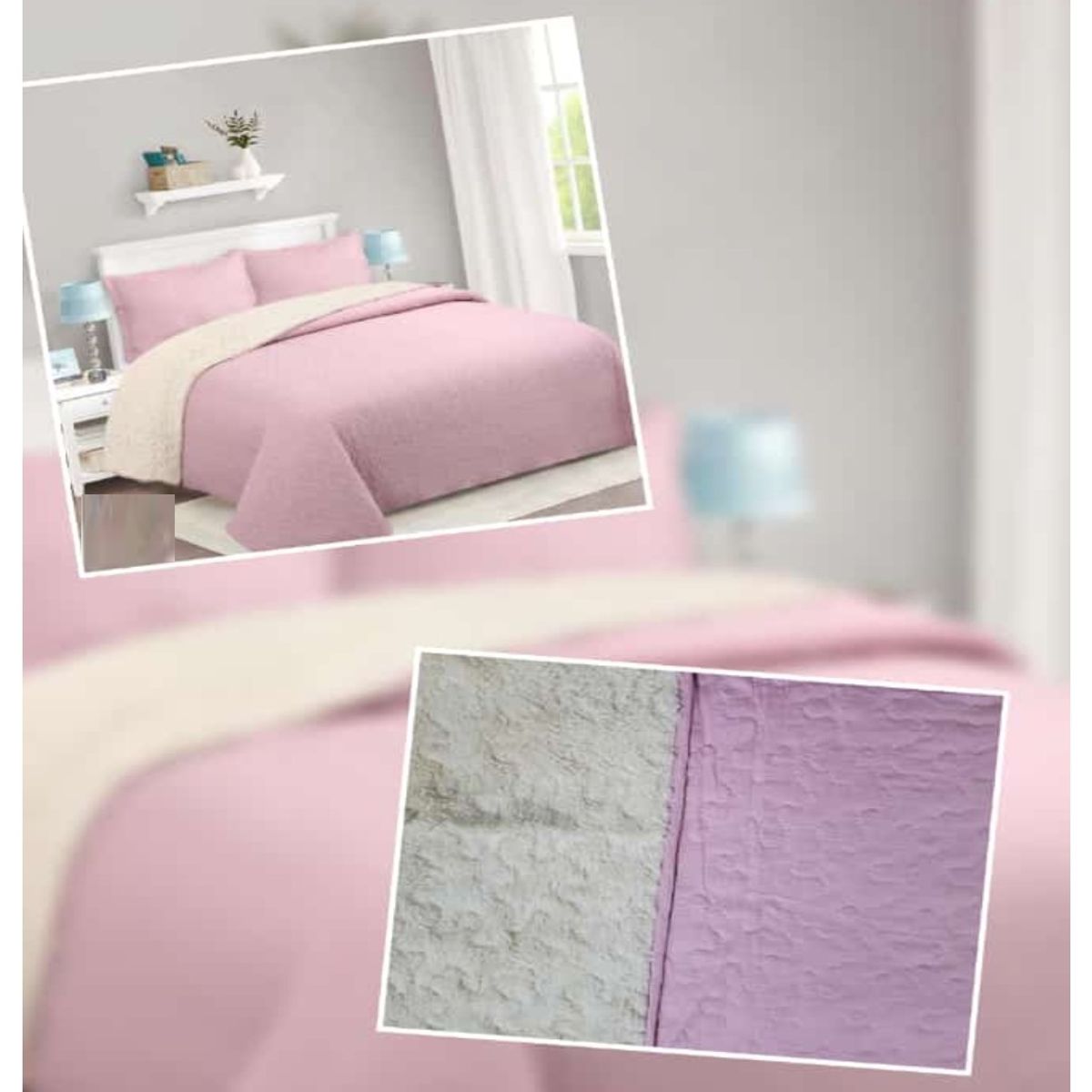 COMPRAPO - Cubrecama Quilt Sherpa 2 Plazas Rosa + 2 Fundas 50x70 Cm