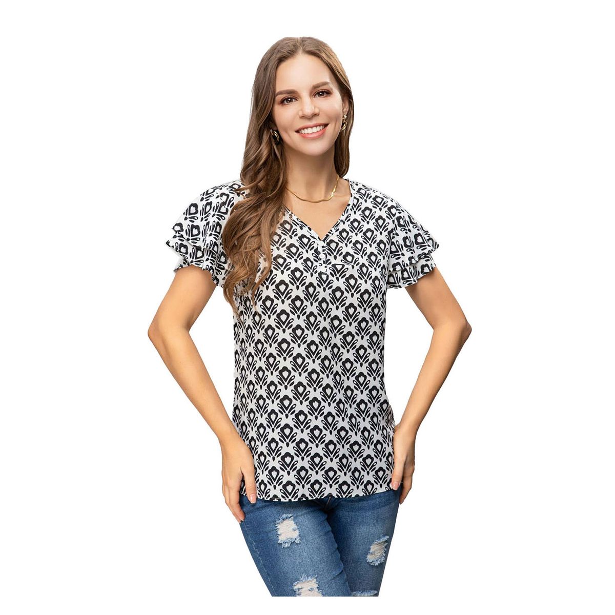 FASHION'S PARK - Blusa Flare Con Botones Falsos Negro/Blanco Fashion's Park