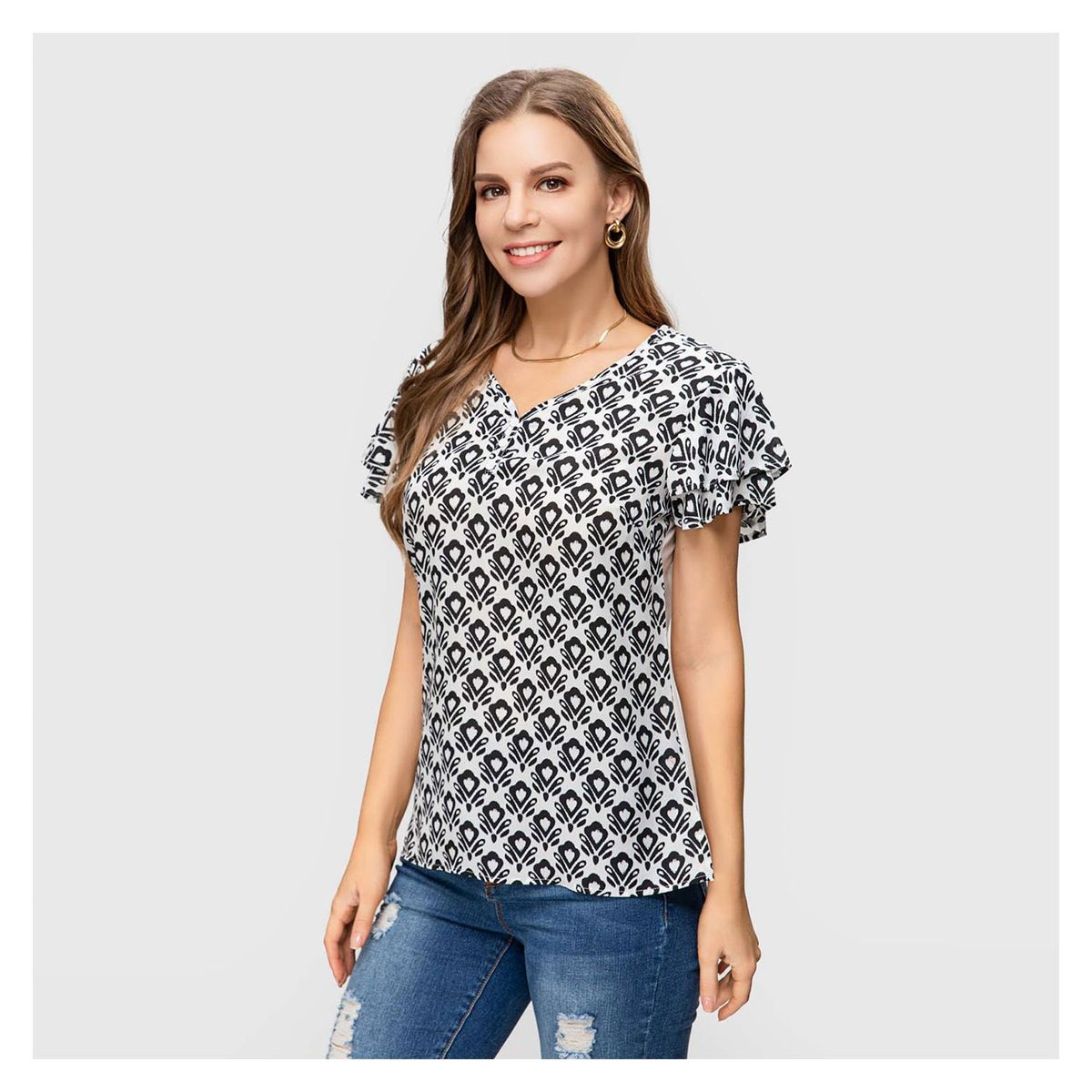FASHION'S PARK - Blusa Flare Con Botones Falsos Negro/Blanco Fashion's Park