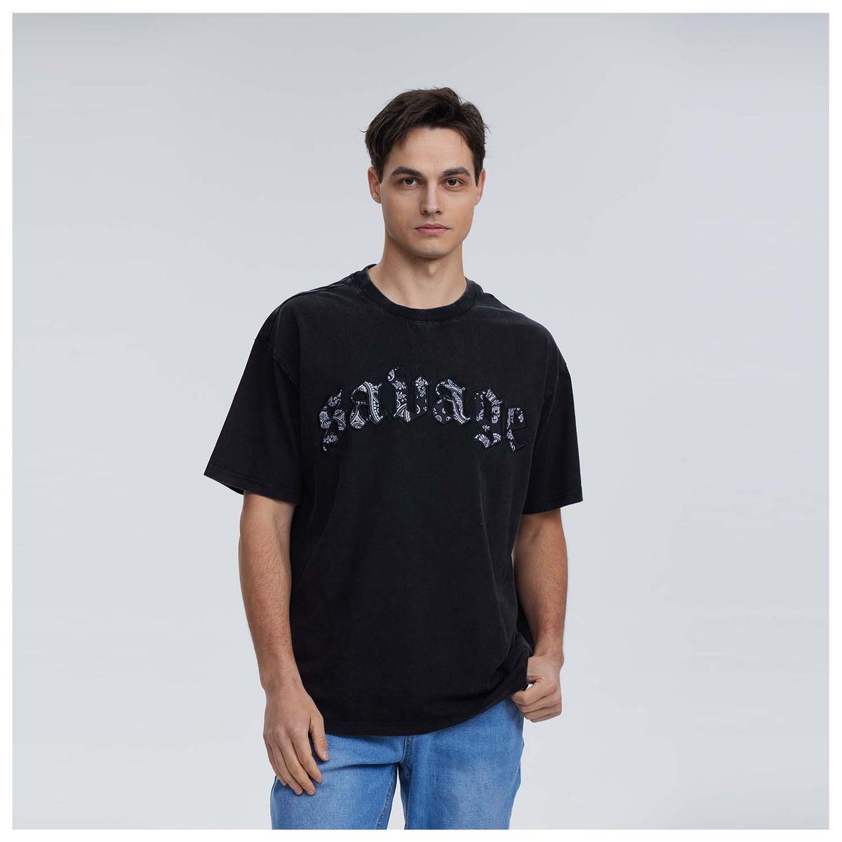 FASHION'S PARK - Polera Hombre Bordad Con Lavado Negro Fashion's Park