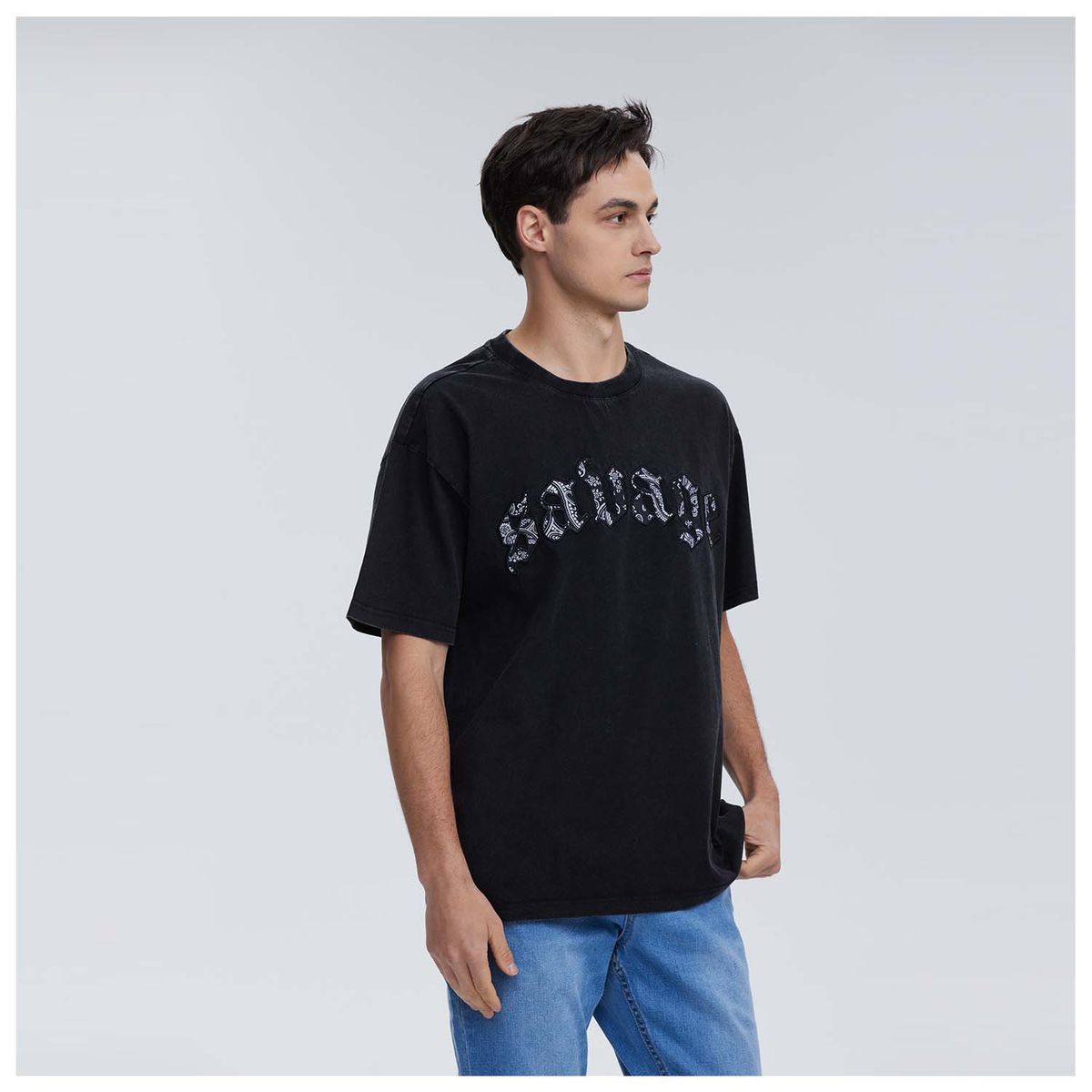 FASHION'S PARK - Polera Hombre Bordad Con Lavado Negro Fashion's Park
