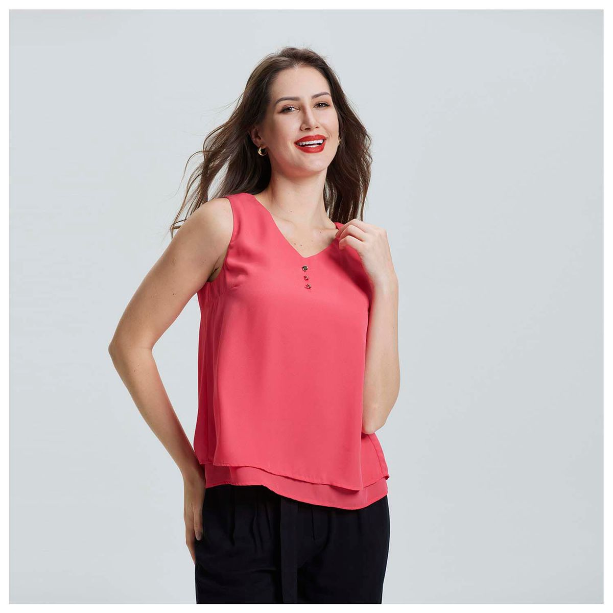 FASHION'S PARK - Blusa Doble Capa Con Botones Coral Oscuro