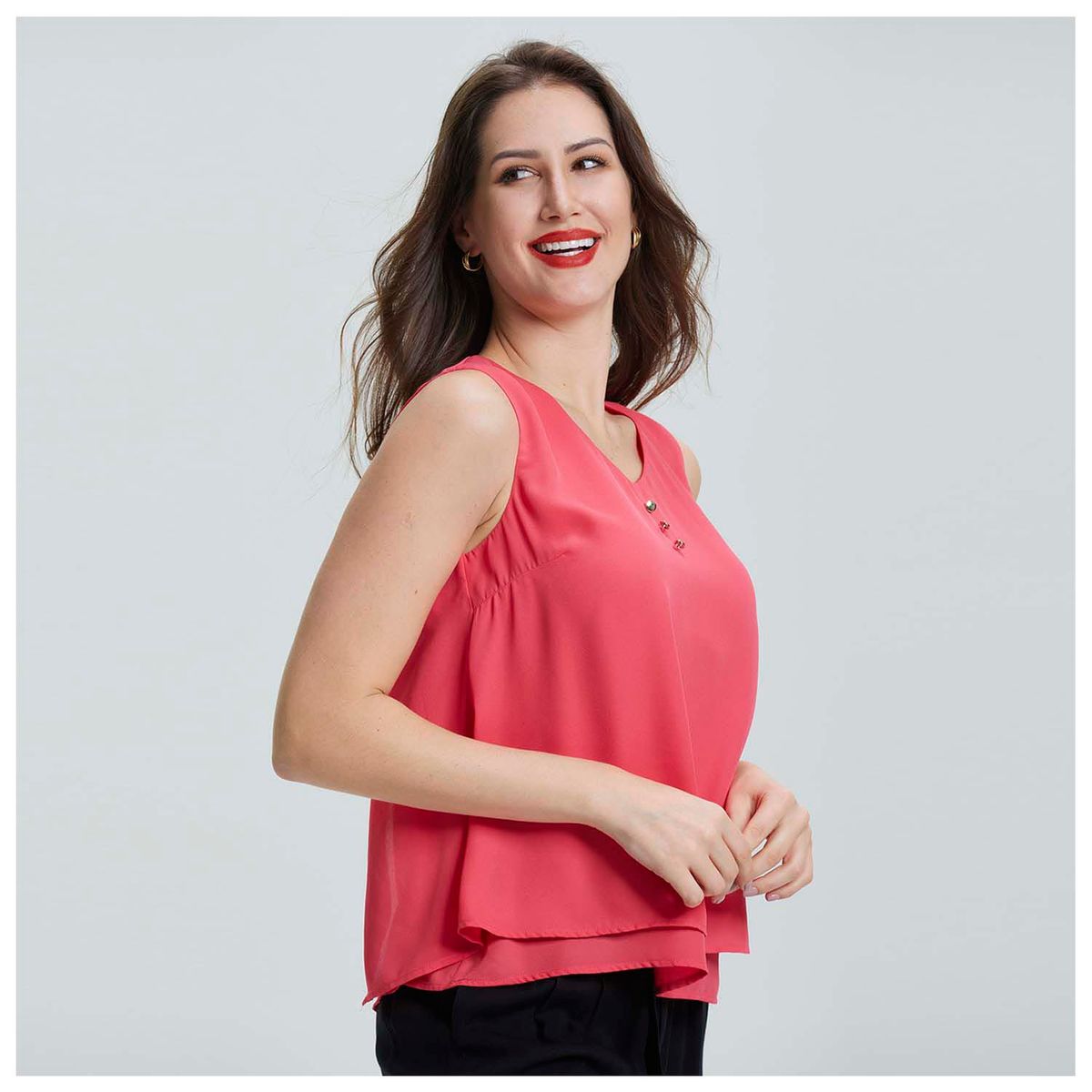 FASHION'S PARK - Blusa Doble Capa Con Botones Coral Oscuro