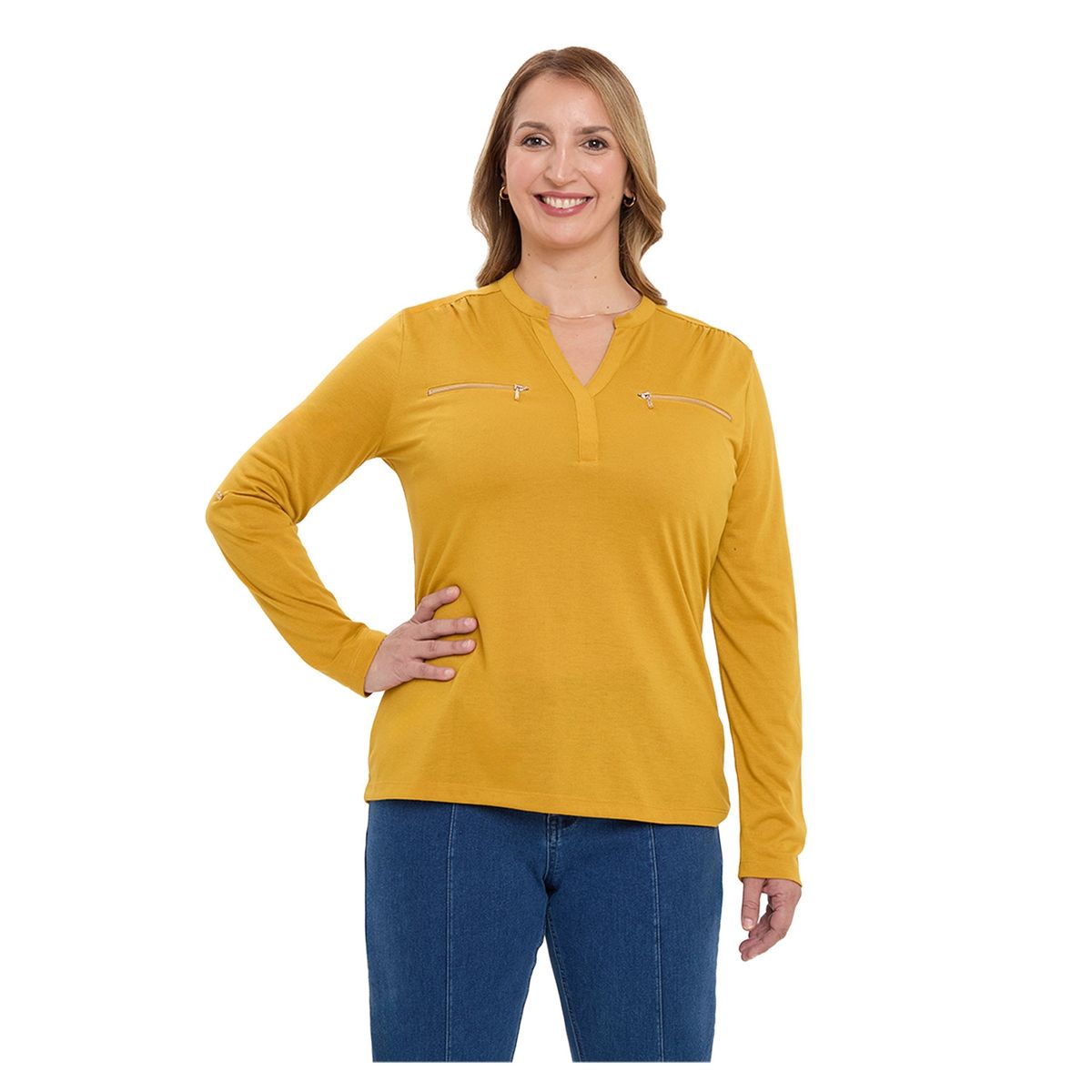 FASHION'S PARK - Polera Mujer Manga Larga Con Cierre Mostaza Fashion's Park