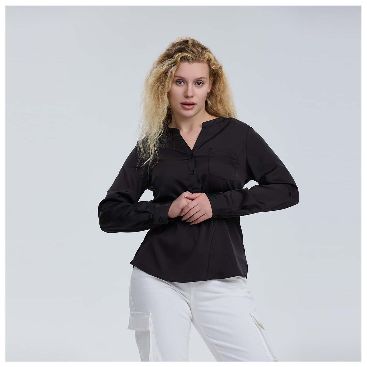 FASHION'S PARK - Blusa Mujer Satín Negro Fashion's Park