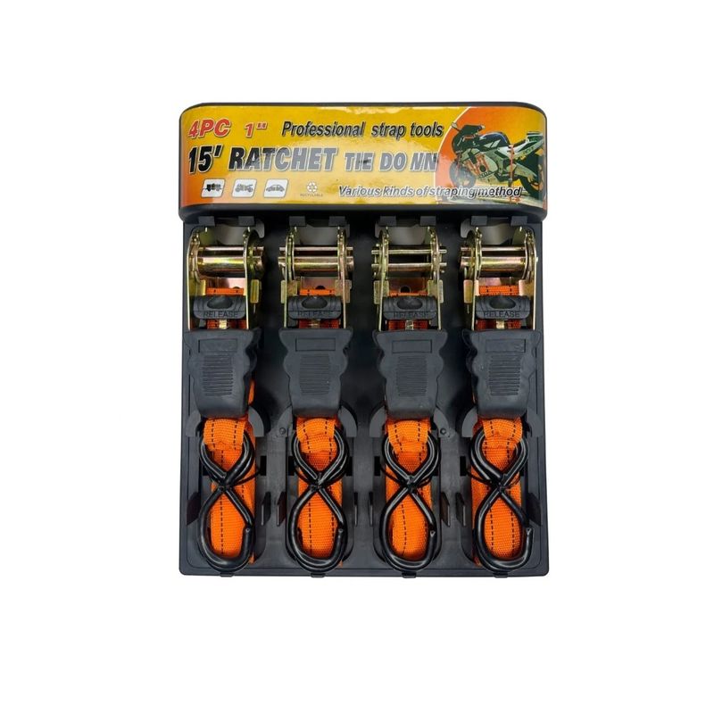 GENERICO - Pack Juego 4 Eslinga Cinta Amarre Con Ratchet 1.5 Pulgadas 25mm