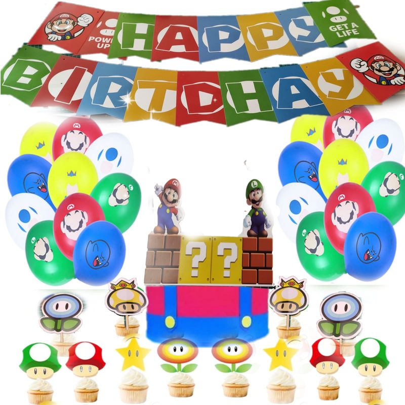 GENERICO - Set Decoración Globos Cumpleaños Mario Bross + Topper