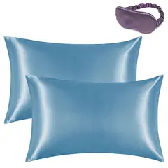 EVERSO - Set de 2 Funda Almohada Satin Saten Tipo 51x102 cm Con Antifaz Azul