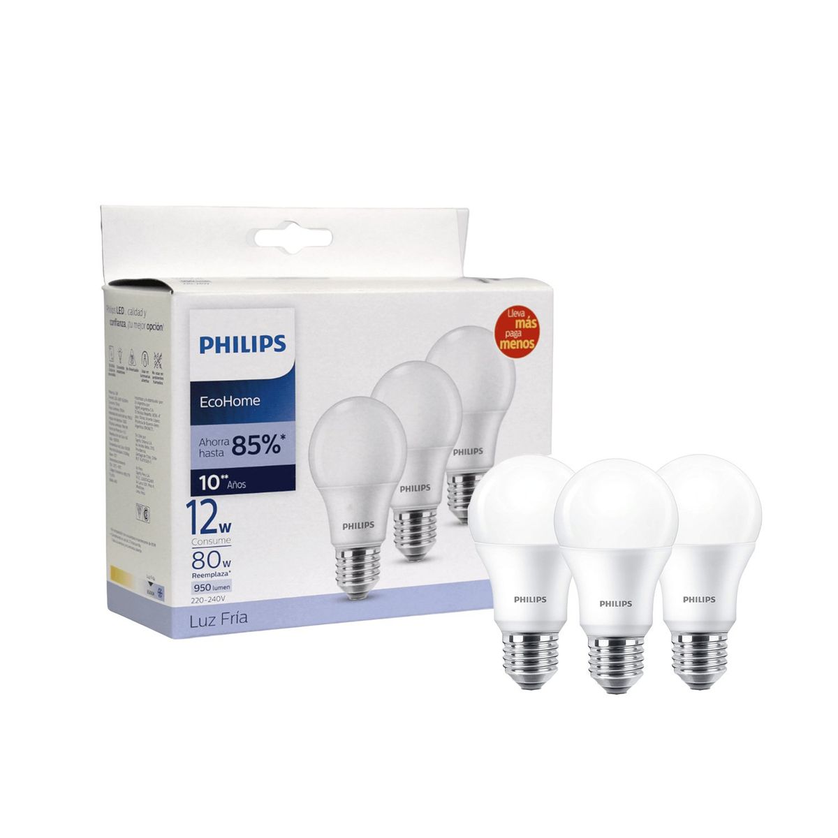 PHILIPS - Pack 3 Ampolletas Philips EcoHome Led Bulb 12W E27 Luz Fría