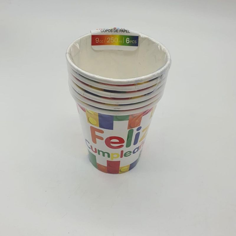 GENERICO - Vasos Cartón 6 Unidades Cumpleaños Diseños 250ml Ecológico - Blanco