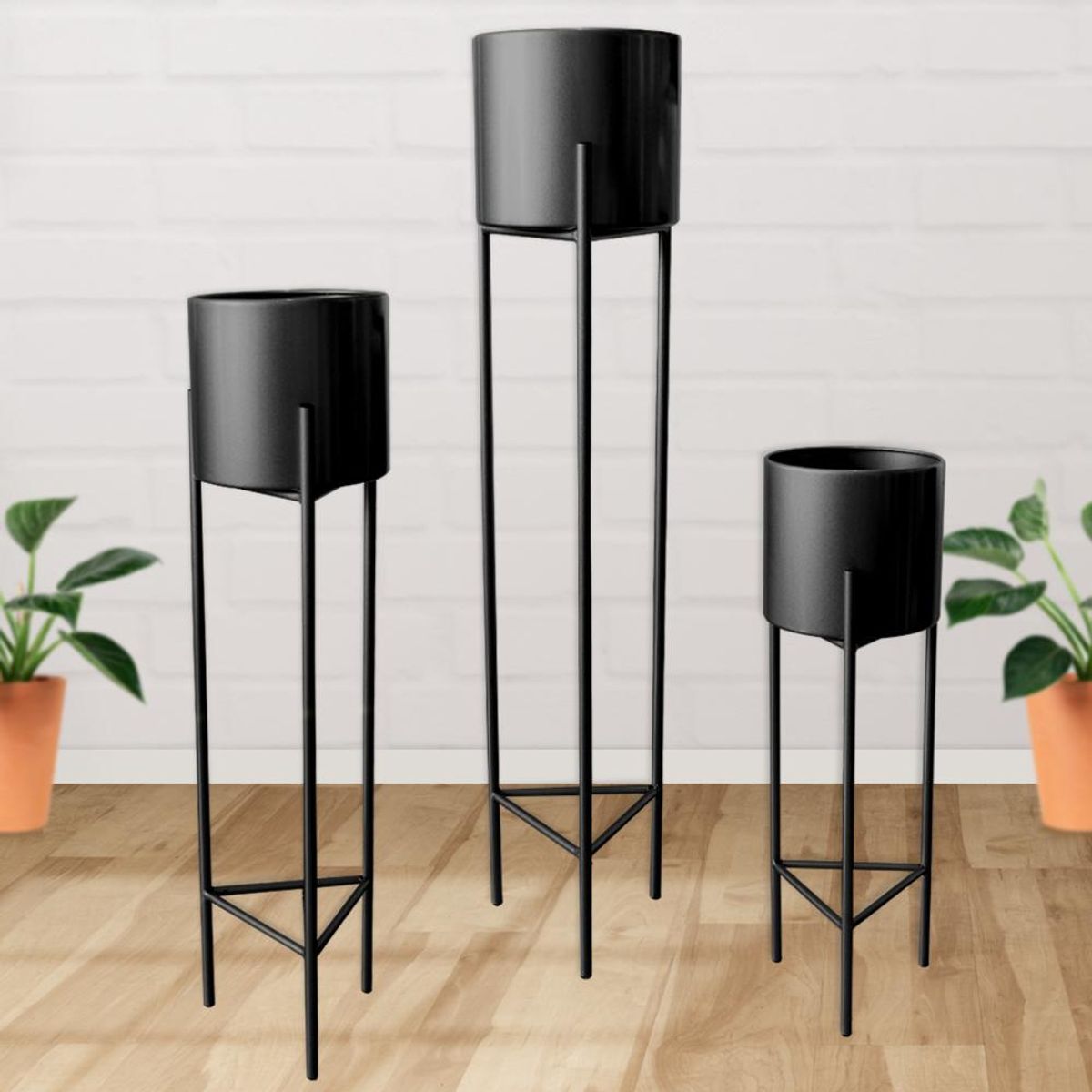 GENERICO - Macetero Macetas Pedestal Negro Set de 3 Piezas