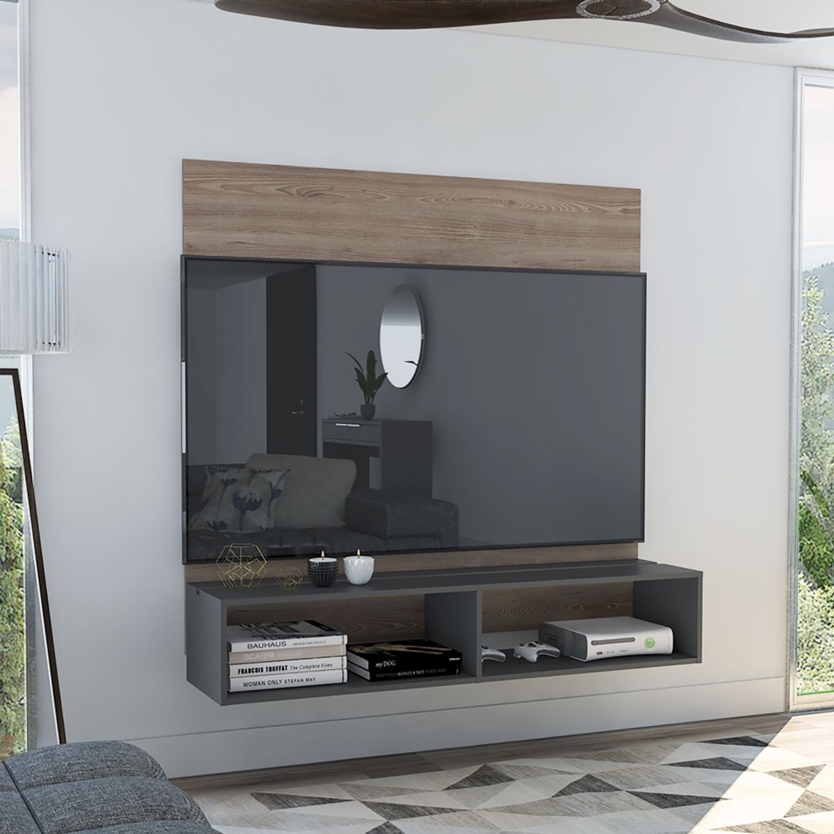 FMFURNITURE - Panel de TV 60" Con 2 Repisas - Café Claro y Plomo 134.6x137.7x33.6 cm