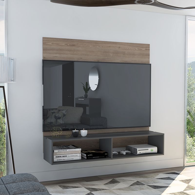 FMFURNITURE - Panel de TV 60" Con 2 Repisas - Café Claro y Plomo 134.6x137.7x33.6 cm.