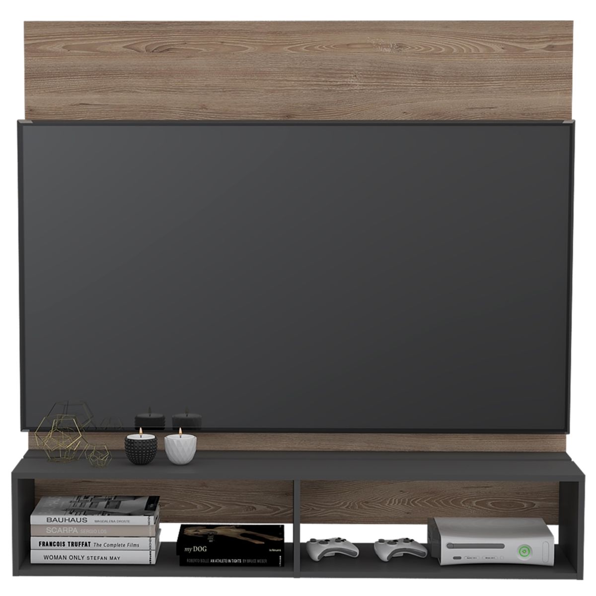 FMFURNITURE - Panel de TV 60" Con 2 Repisas - Café Claro y Plomo 134.6x137.7x33.6 cm