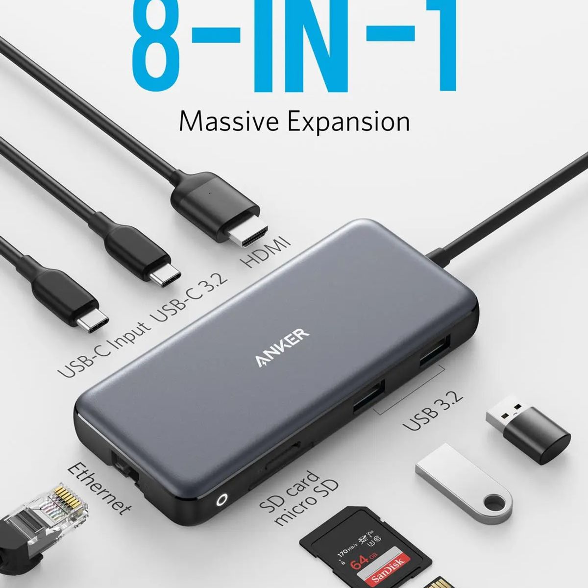 GENERICO - HUB 8 en 1 USB-C con entrega de energía de 100W - Anker ANKER