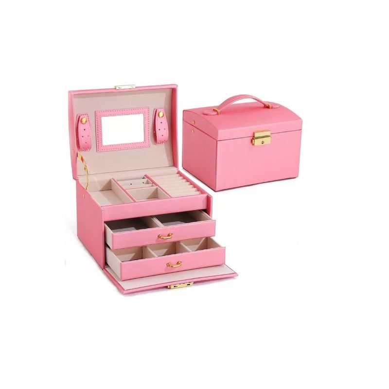 GENERICO - Joyero Caja Con Espejo Tipo Maleta Organizador Joyas Rosa