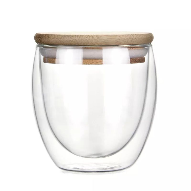 IMPORTCLICK - Vaso Mug Vidrio Doble Capa Con Tapa Bambú 260 ML