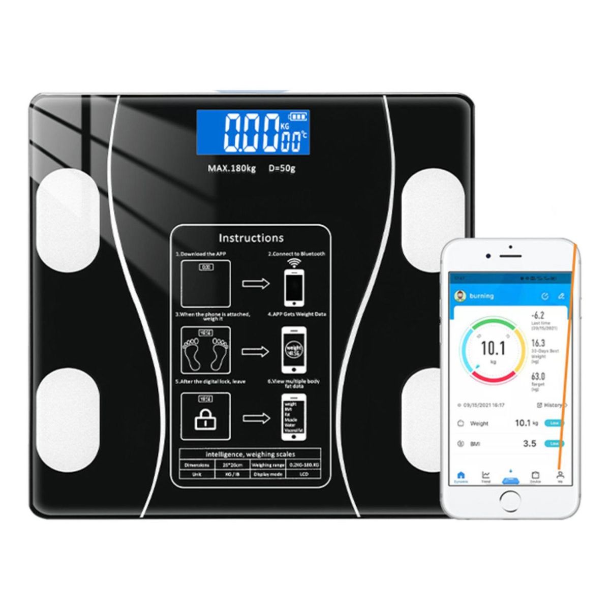 IMPORTCLICK - Pesa Balanza Electrónica Bluetooth 27 CM Negro