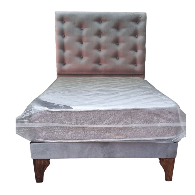 GENERICO - Cama Europea 1.5 Plazas + Respaldo Gris A Piso + Colchón Resorte