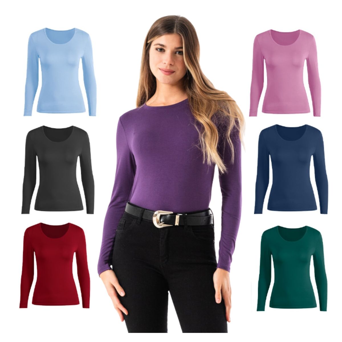 UTILISIMO - Pack 6 Camisetas Mujer Manga Larga Cuello Redondo Bambú