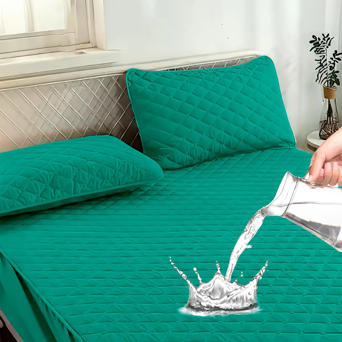 GENERICO - Cubre Colchon impermeable 2 Pl + gratis 2 fundas almohadas - Verde