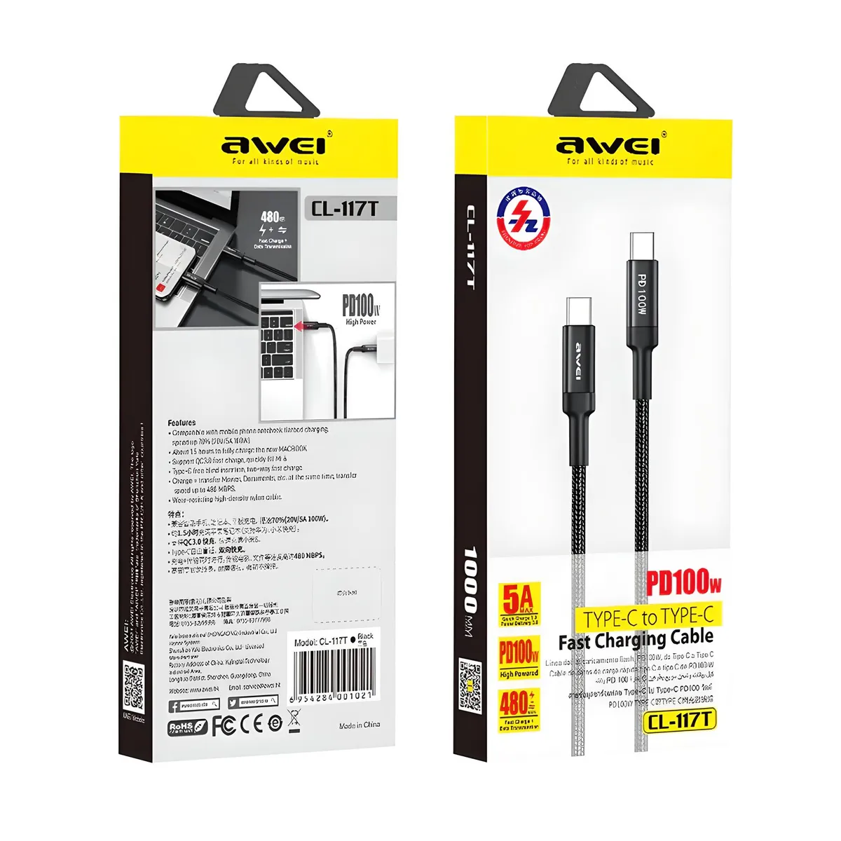 AWEI - Cable Carga Super Rápida 50A 100w USB Tipo C a Tipo C