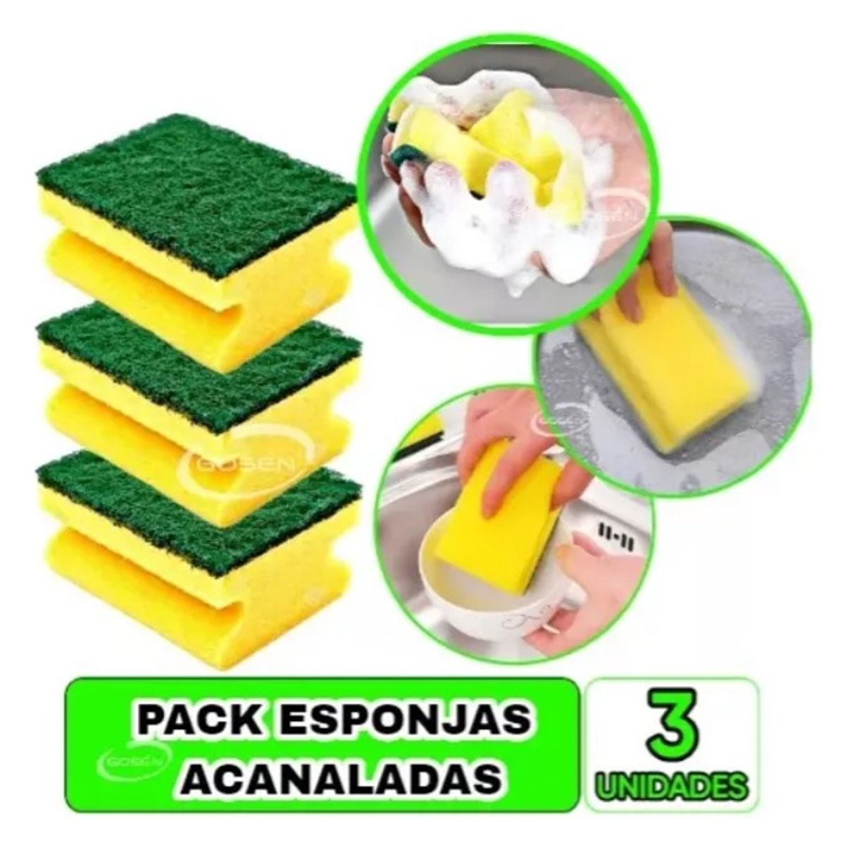 CHILE - Pack 3 Esponjas Amarilla Verde Acanaladas Platos Loza Cocina