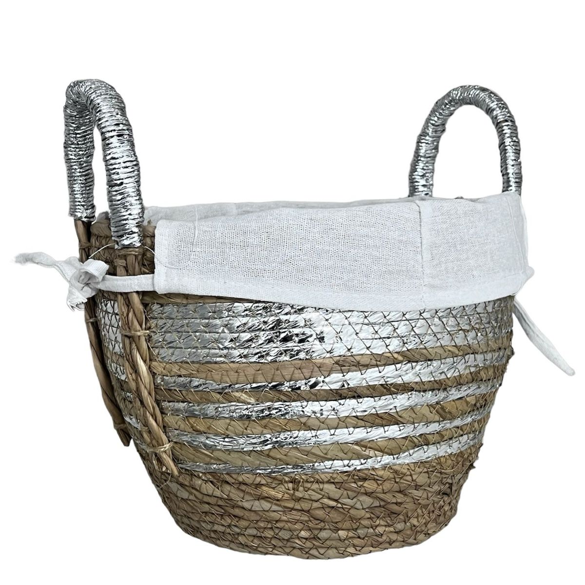 OEM - Macetero Cesto Canasto Tejido Mimbre Plateado Pequeño