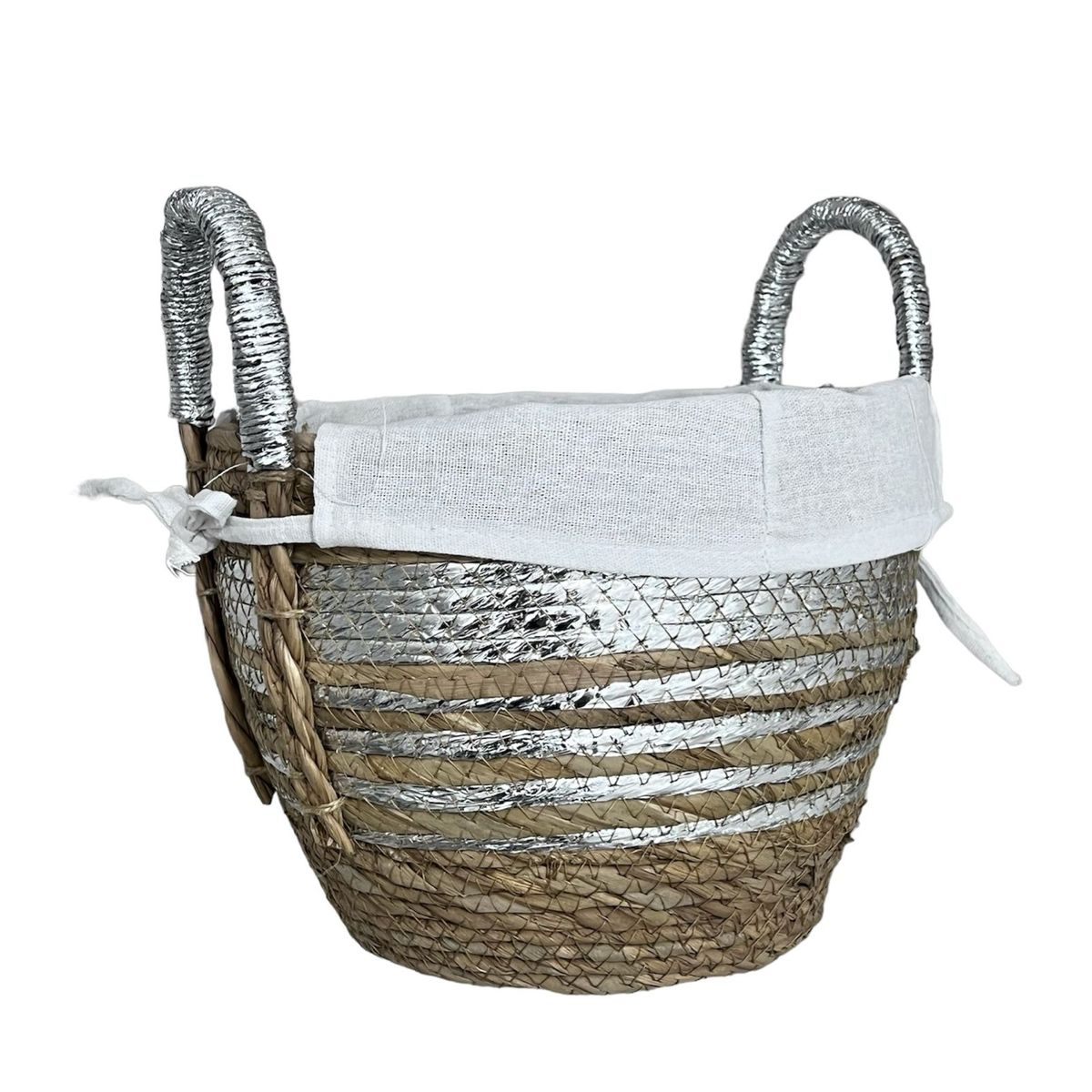 OEM - Macetero Cesto Canasto Tejido Mimbre Plateado Pequeño