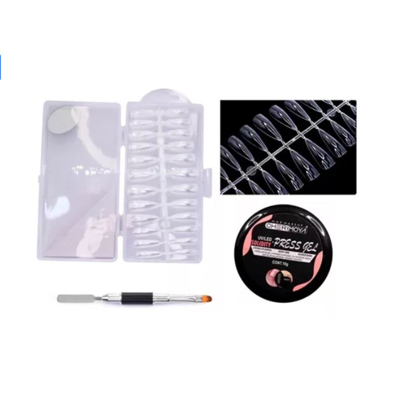 GENERICO - Kit Tips De Uñas + Pegamento Press Gel  Pincel Con Espatula