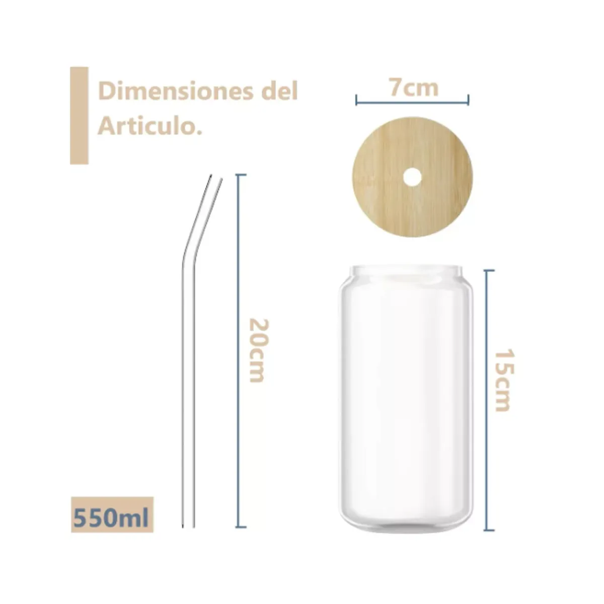 GENERICO - Vaso Lata De Vidrio Con Tapa De Bambú Y Bombilla 550ml