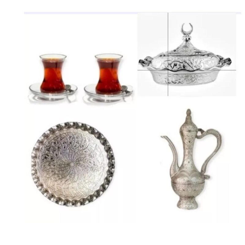 GENERICO - Set Té Turco Tazas Azucarero Bandeja Color Plateado