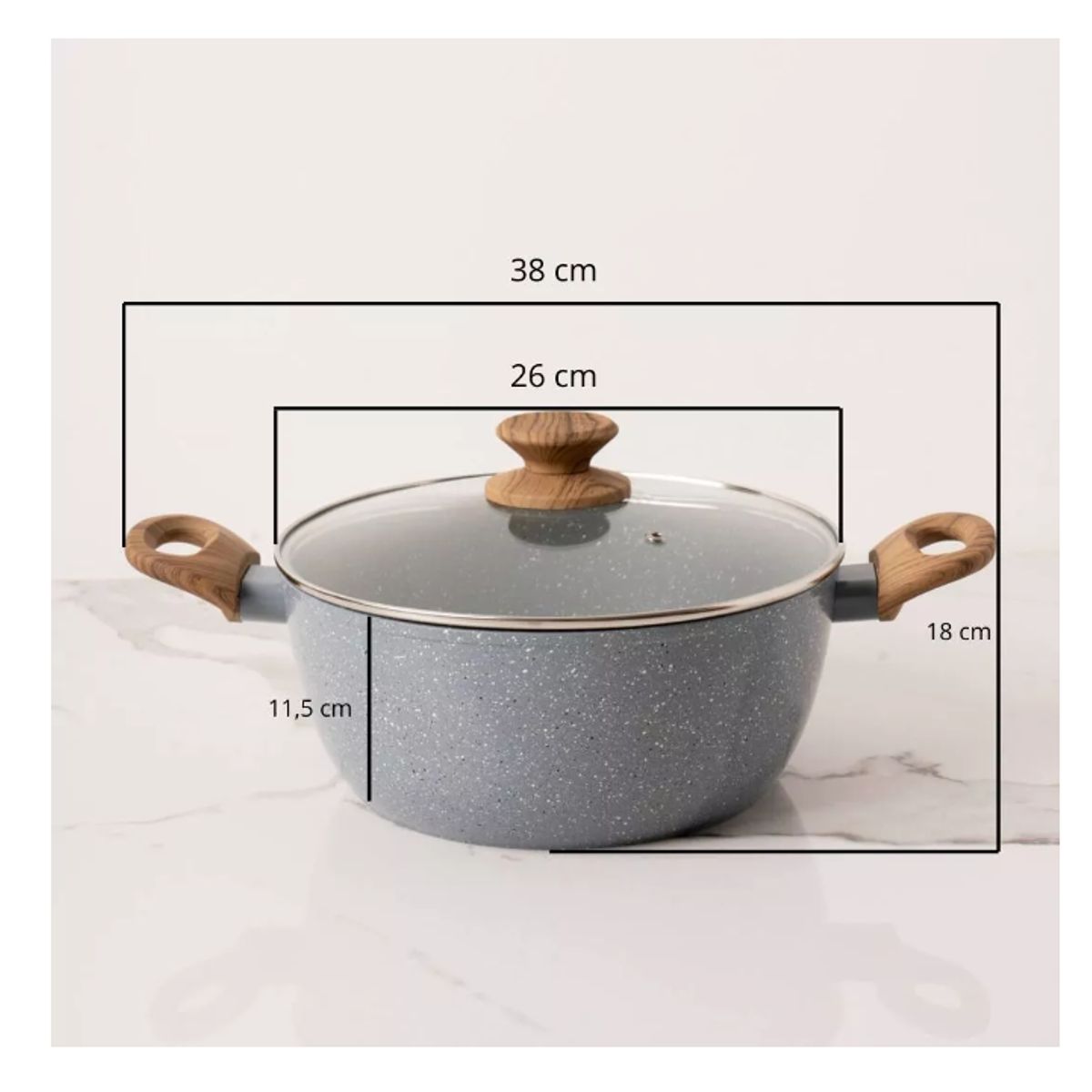 GENERICO - Olla 26cm Antiadherente Marmolado Cacerola Con Tapa Vidrio