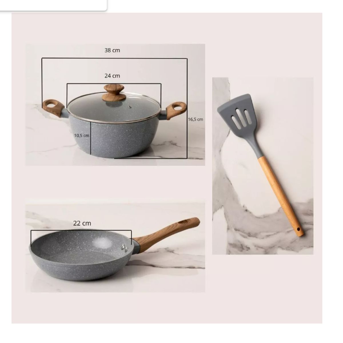 GENERICO - Bateria De Cocina 4 Piezas Antiadherente Ceramica Marmolada