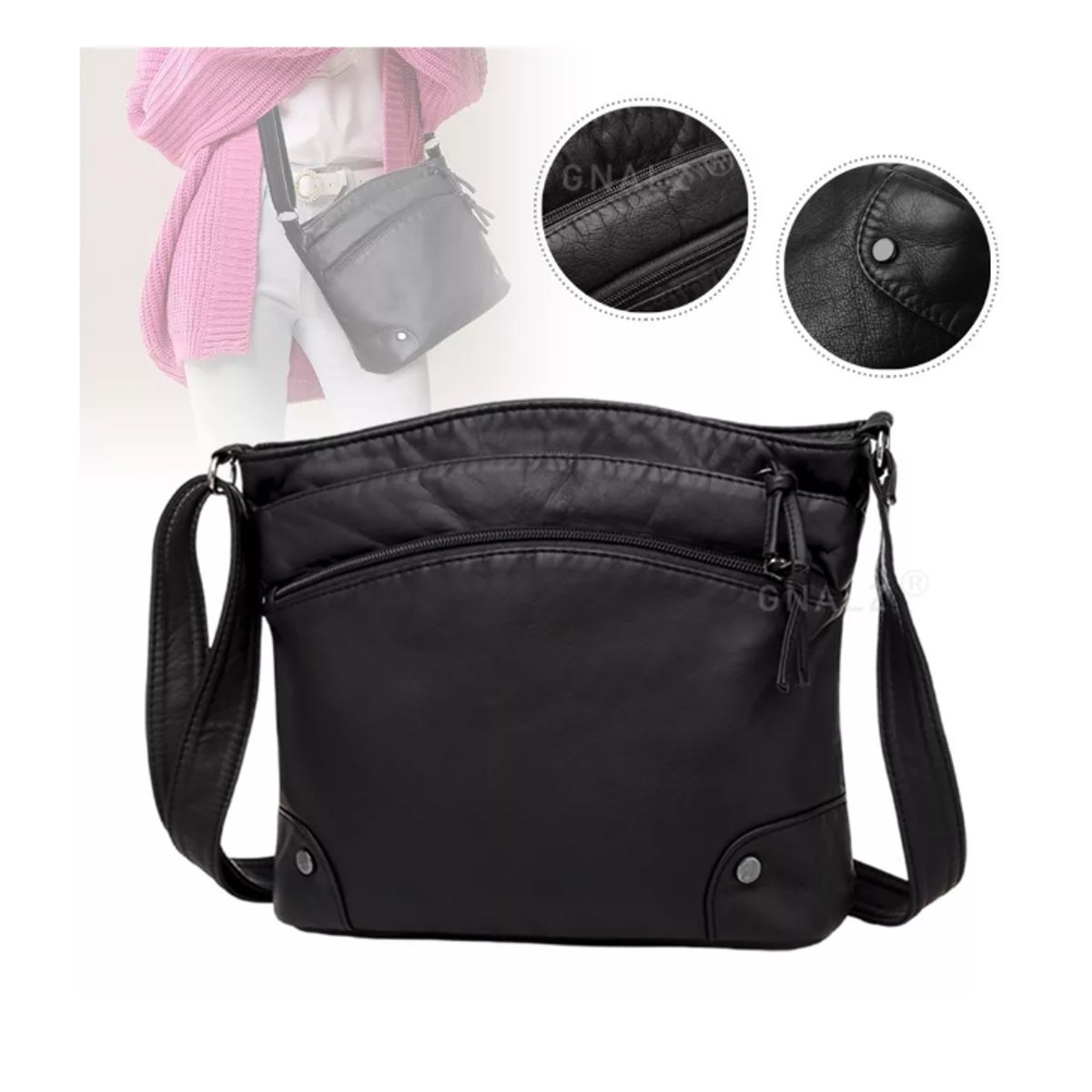 GENERICO - Bolsobandoleracartera De Cuero Ecológico De Mujer Multiuso Negro