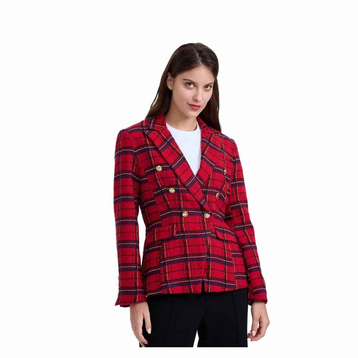 FASHION'S PARK - Blazer Mujer Escocés Clásico Rojo Oscuro Fashion's Park