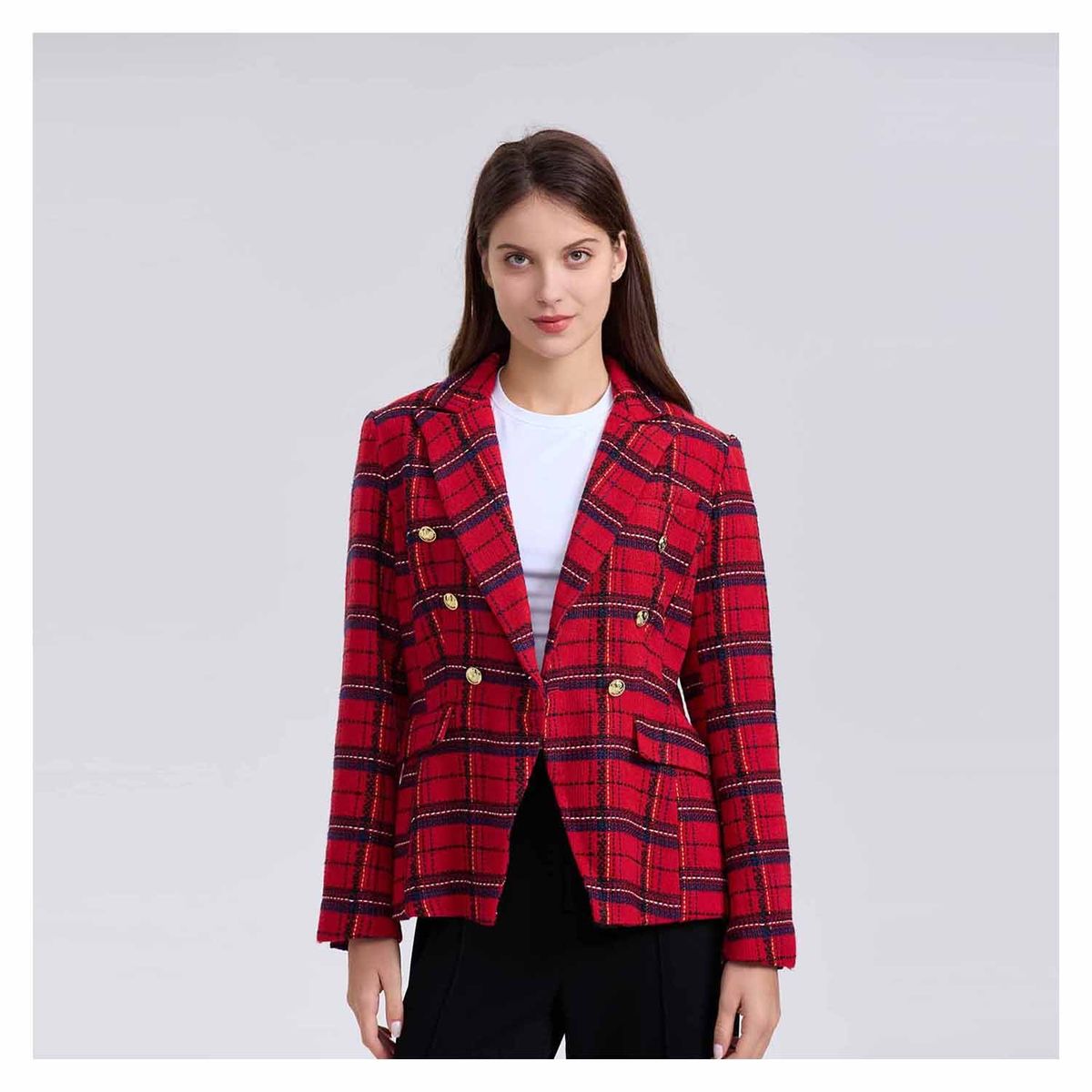 FASHION'S PARK - Blazer Mujer Escocés Clásico Rojo Oscuro Fashion's Park