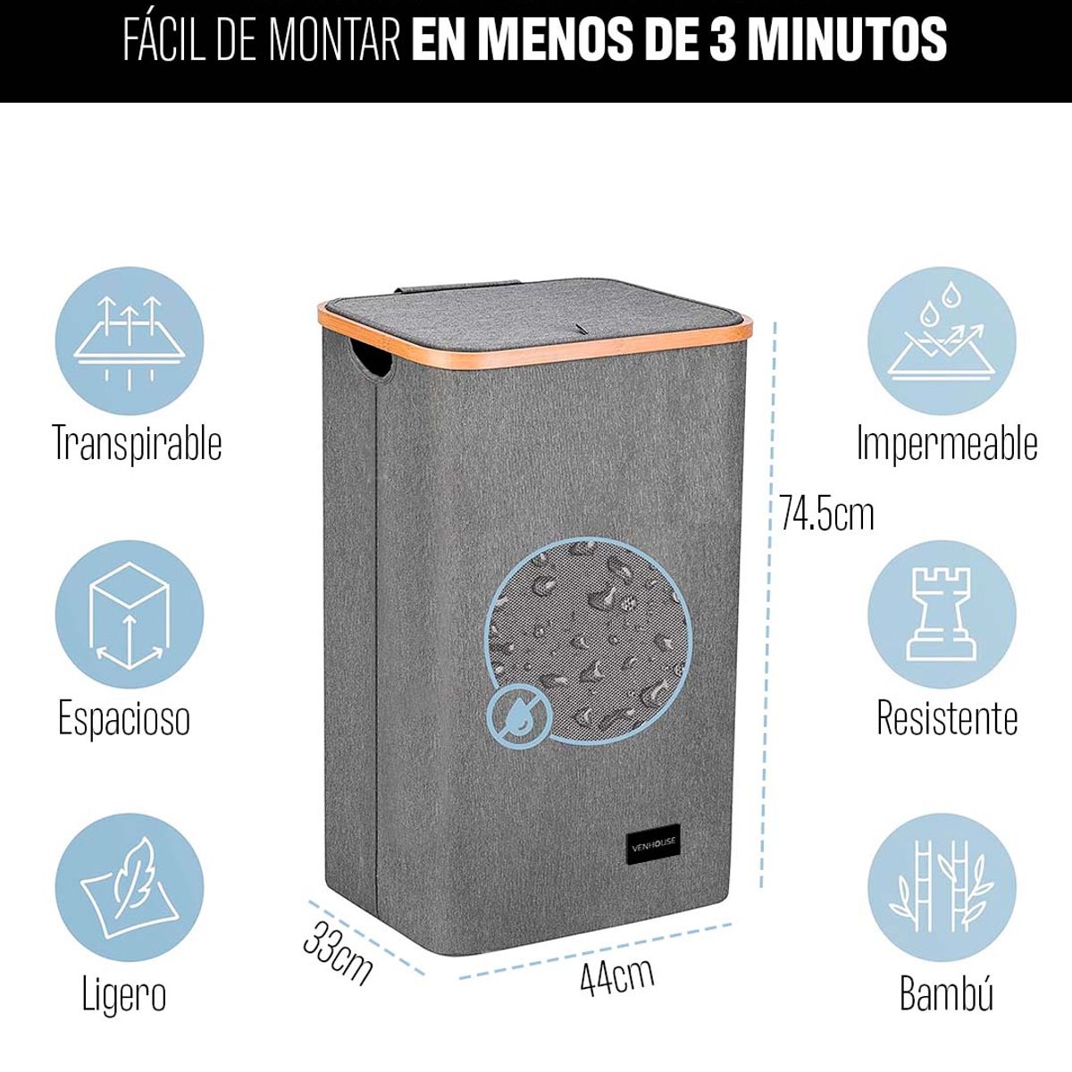 VENHOOUSE - Cesta Canasto Ropa Sucia Plegable Borde Bambú 100L Gris